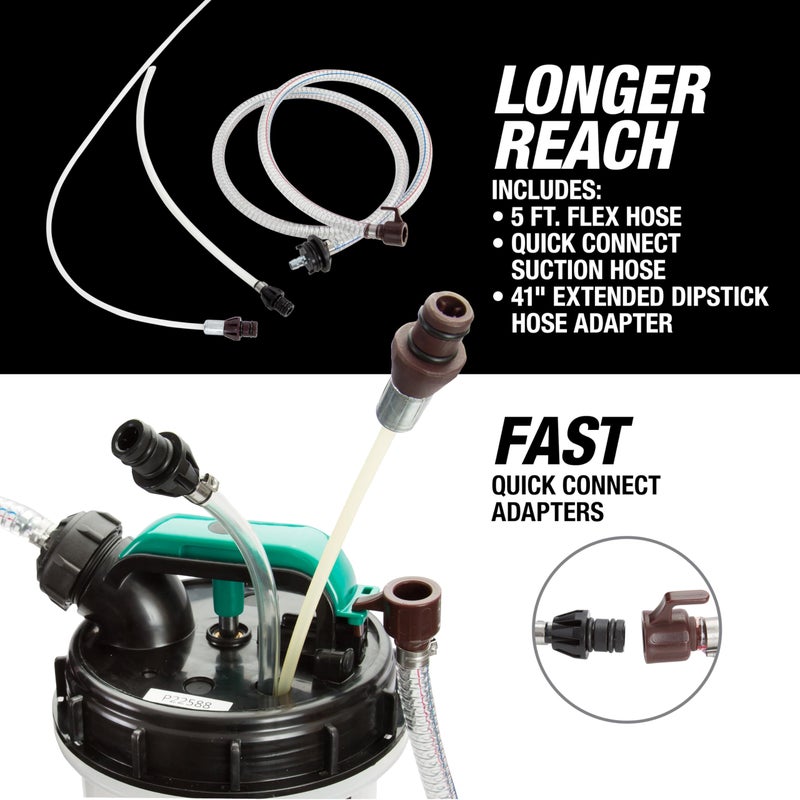 OEMTOOLS 24938 Pneumatic/Manual Fluid Extractor, 2.5 Gallon (9.5L) Oil Extractor Pump, for Coolant, Transmission, and Power Steering Fluid, 2 Dipstick Adapters, 5ft Hose - Image 3